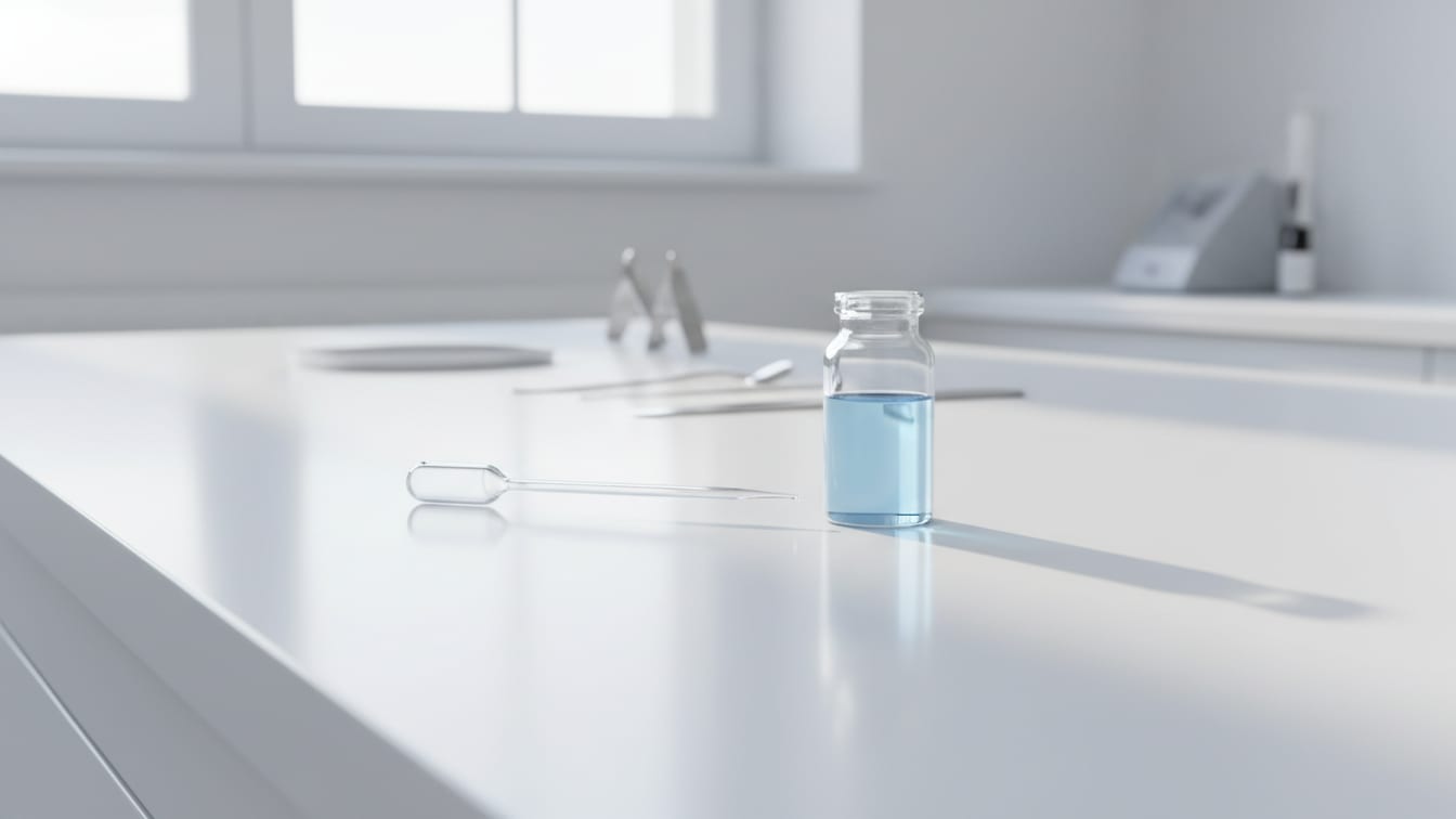 Illustration: Eine klare Glas-Durchstechflasche mit hellblauer Flüssigkeit neben einer unskalierten Glaspipette auf einer weißen Laborbank.