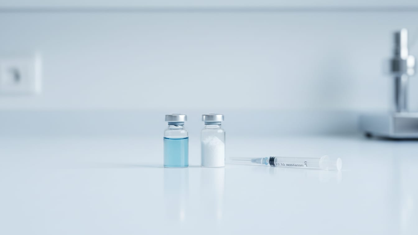 Illustration: Two clear glass vials, one with blue liquid, one with white powder, and an insulin syringe.