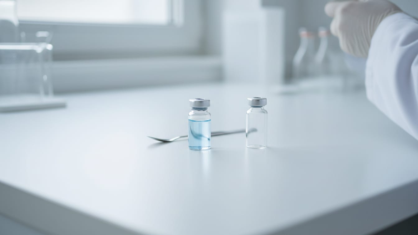 Illustration: Two clear glass vials, one with pale blue liquid, one empty, and a micro-spatula.