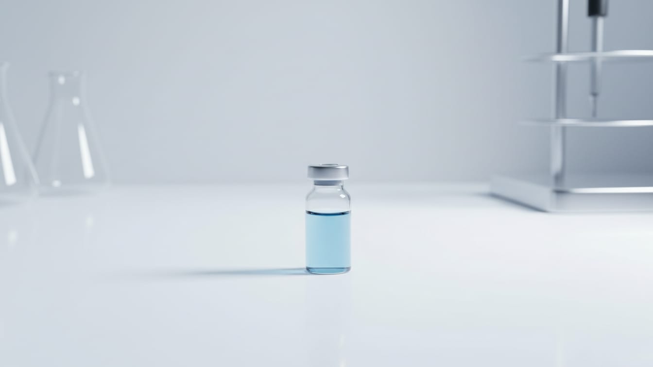 Illustration: A clear glass vial with a pale blue liquid on a white lab bench.