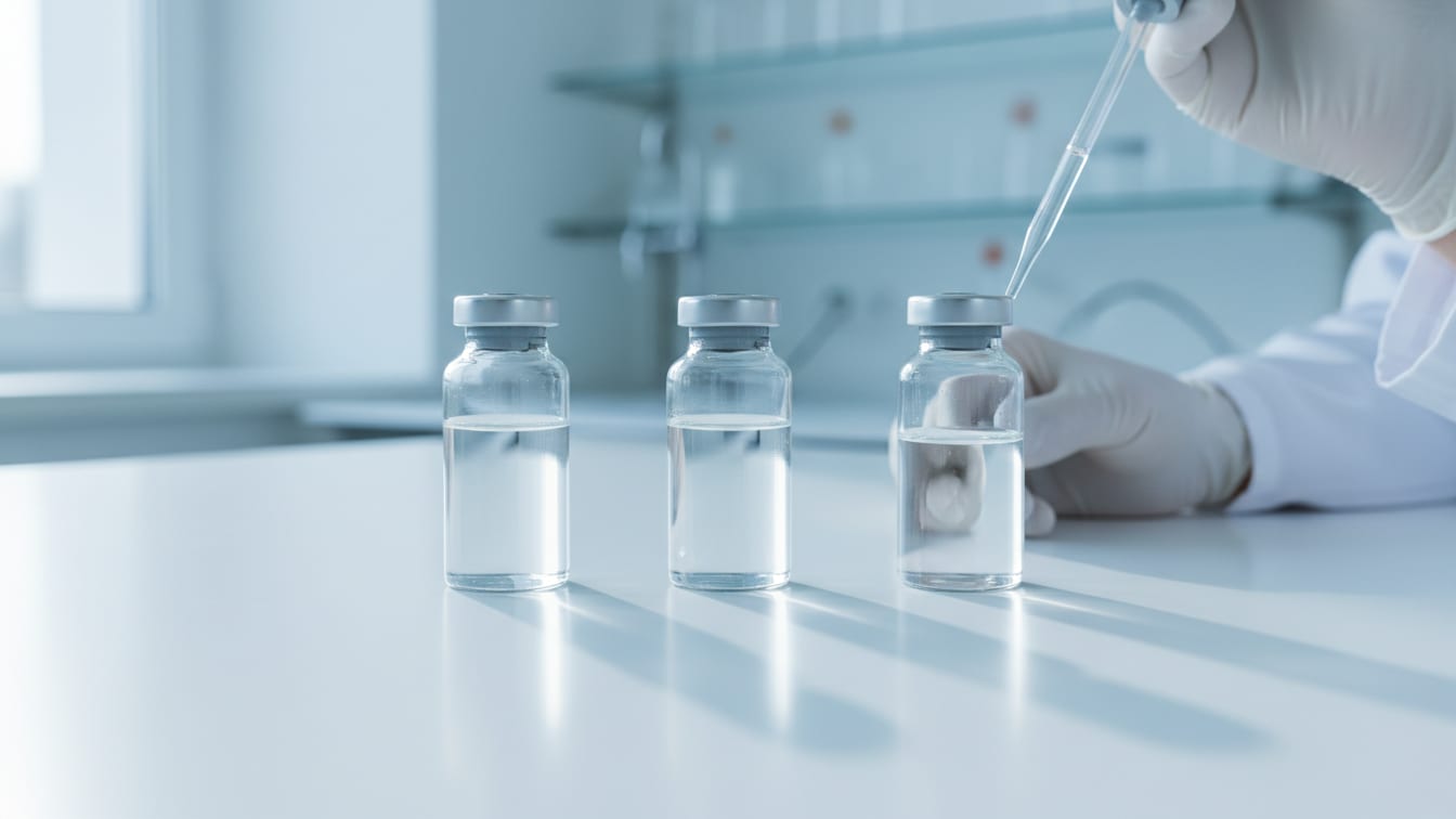 Illustration: A row of three clear glass vials with varying liquid levels on a white lab bench.