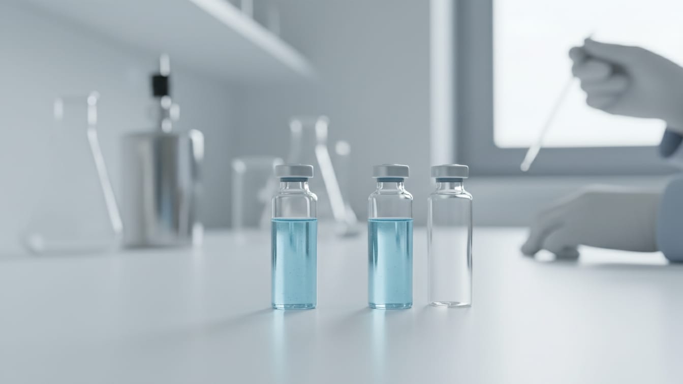 Illustration: Two clear glass vials on a white bench, one with pale blue liquid, one empty, under soft light.