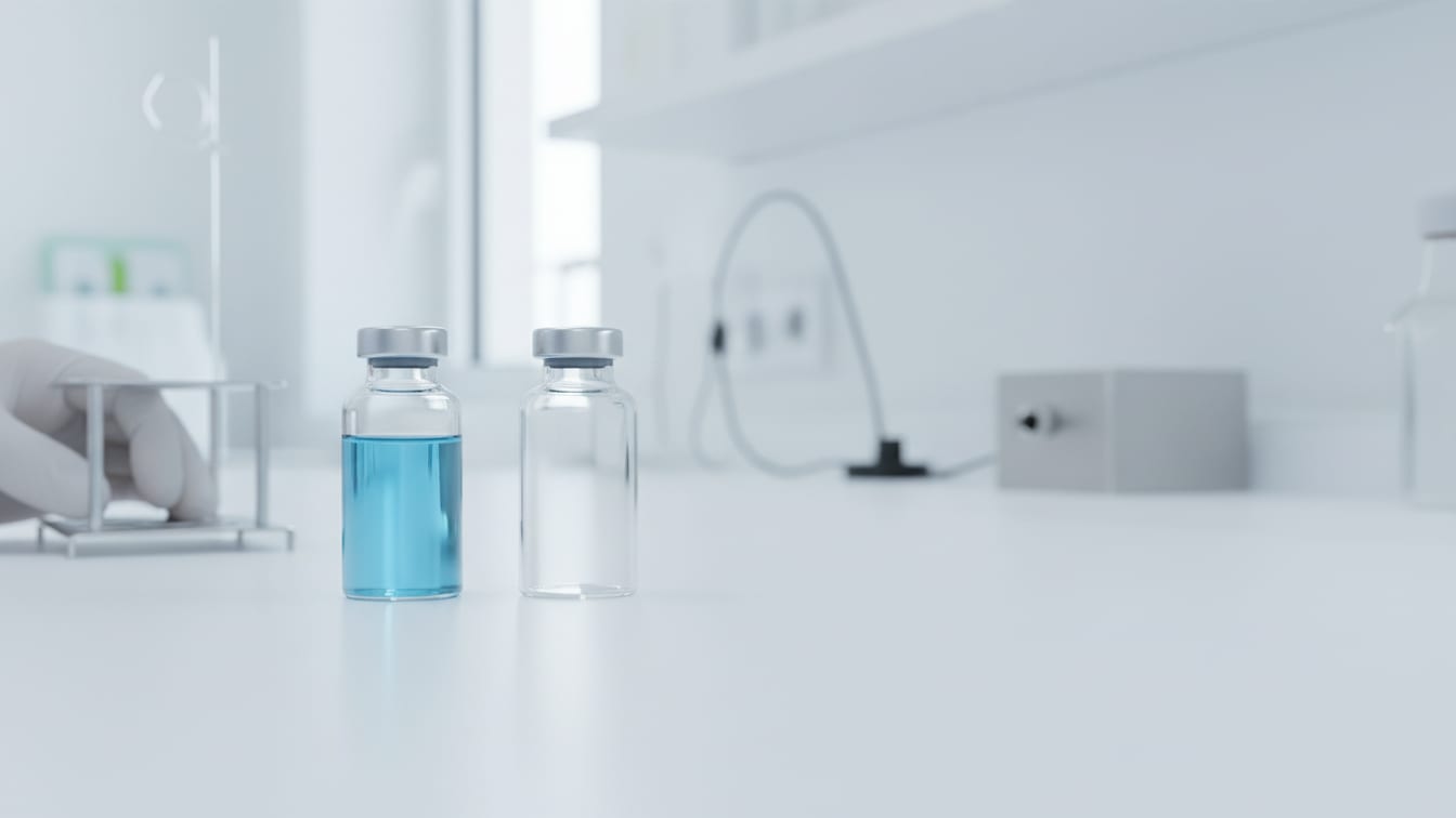 Illustration: A clear glass vial with pale blue liquid next to an empty clear glass vial on a white lab bench.