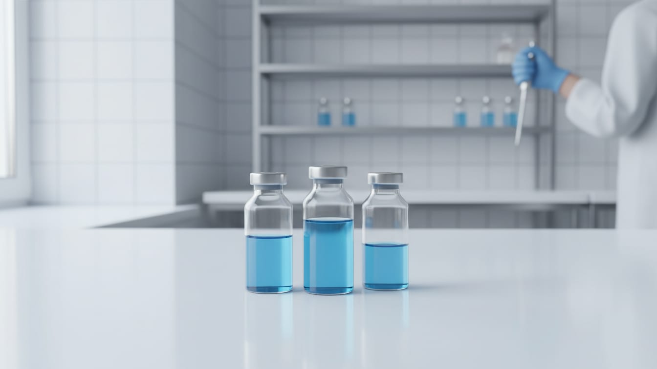 Illustration: Three clear glass vials with varying amounts of blue liquid on a white lab bench.