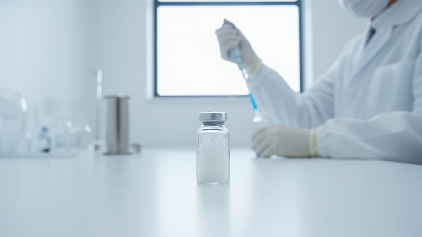 Illustration: A clear glass vial with white lyophilized powder on a white lab bench, softly lit.