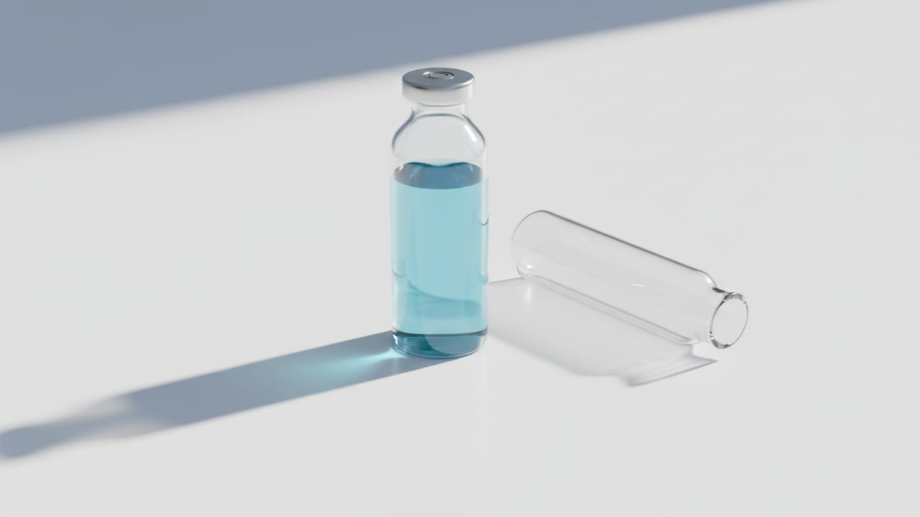 Illustration: Two clear glass vials on a white surface, one with pale blue liquid, one empty.