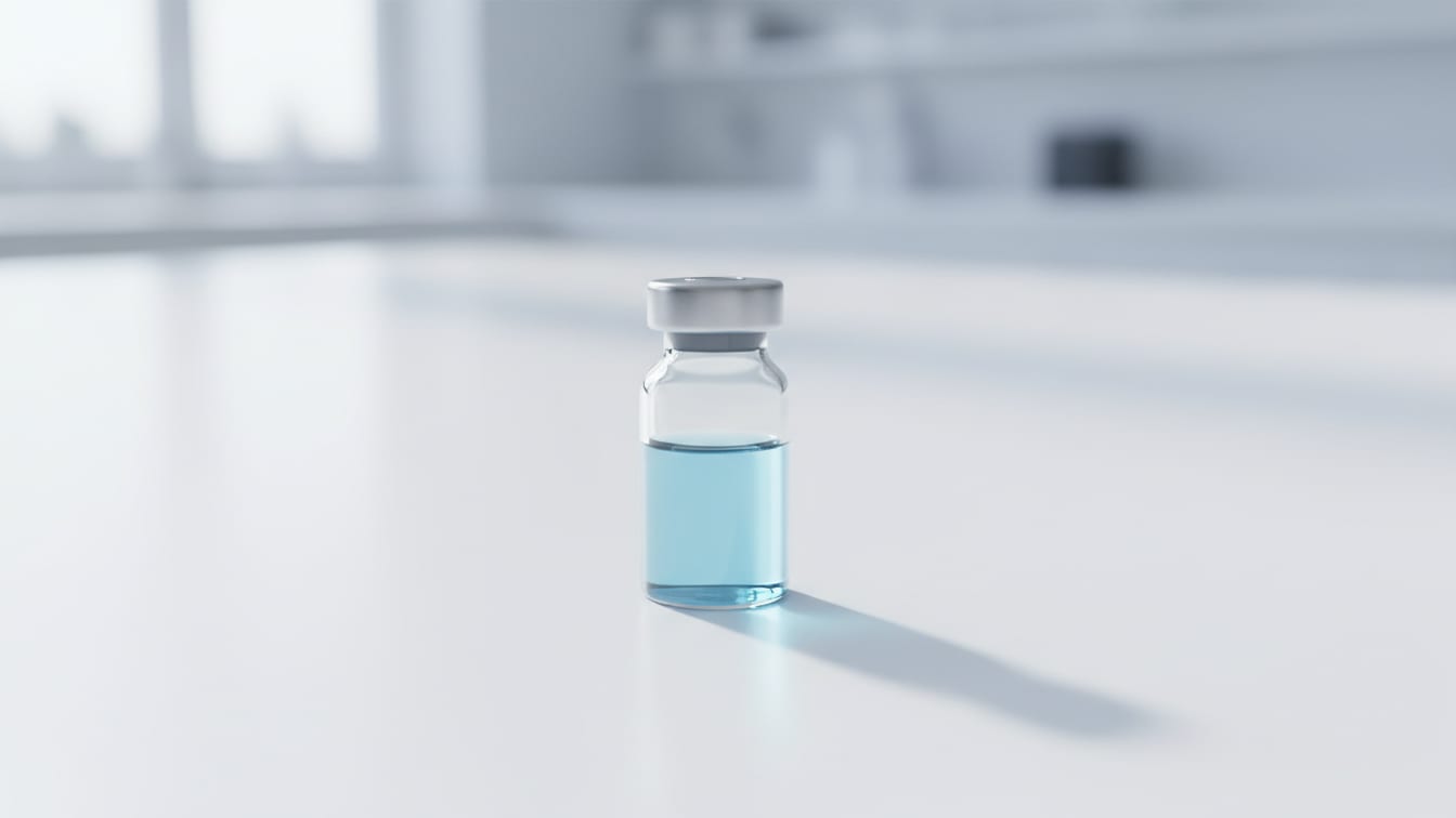 Illustration: A clear glass vial with pale blue liquid on a white surface.