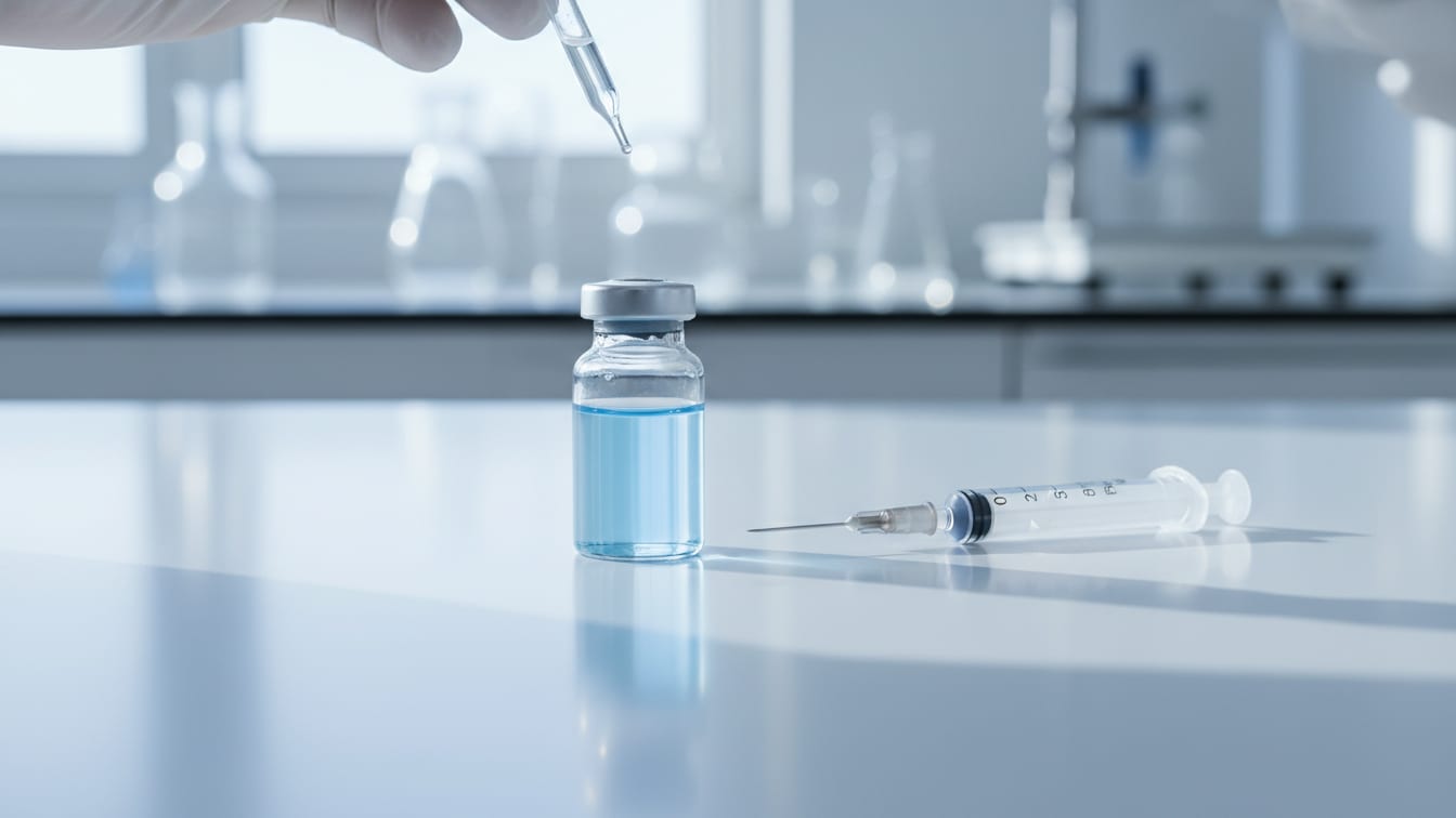 Illustration: A clear glass vial with pale blue liquid and an insulin syringe on a white lab bench.