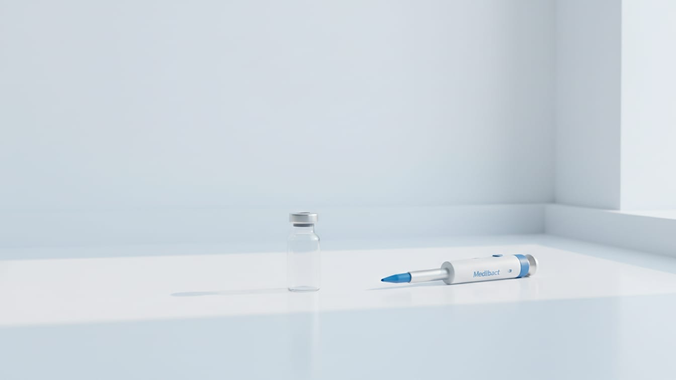 Illustration: An empty glass vial and a digital pipette on a white lab bench, softly lit.