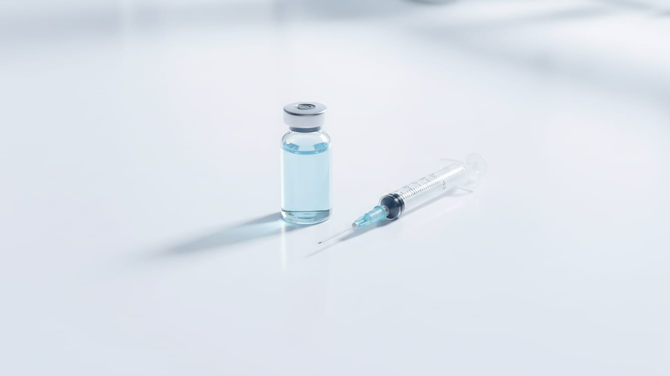Illustration: A clear glass vial with pale blue liquid next to an empty graduated insulin syringe on a white surface.
