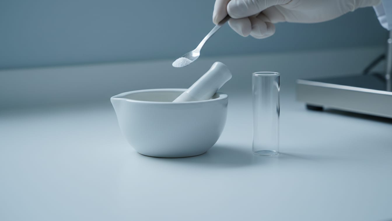 Illustration: A mortar and pestle with white powder beside a clear glass vial on a white surface.