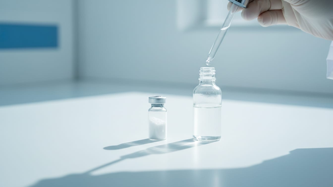 Illustration: A vial of white lyophilized powder next to a dropper bottle of clear liquid on a white surface.