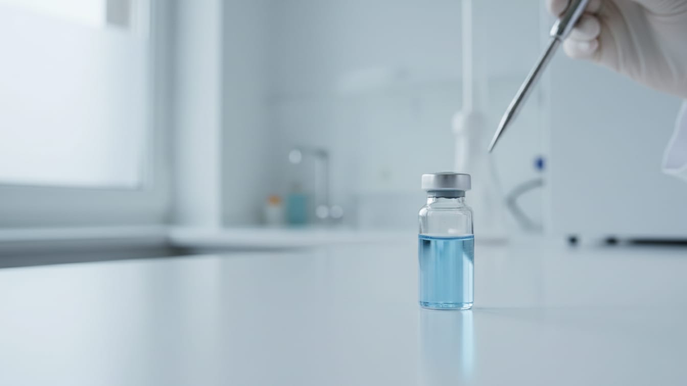 Illustration: A clear glass vial with pale blue liquid on a white lab bench, softly lit.