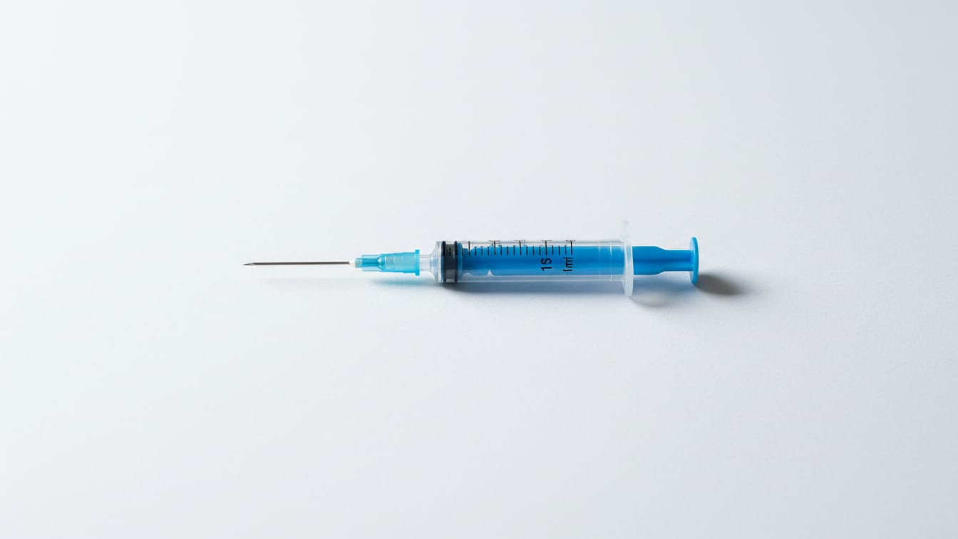 Illustration: A U-100 insulin syringe on a white paper surface.