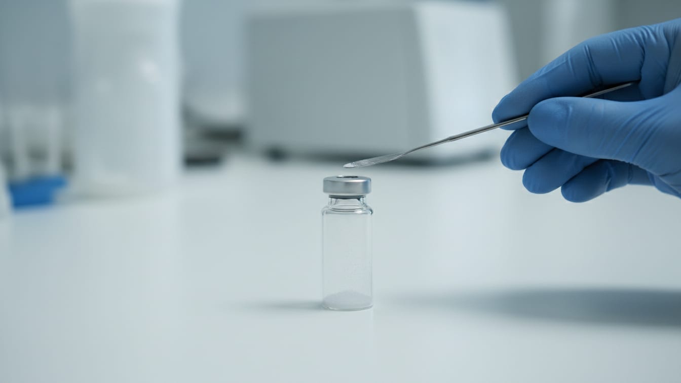 Illustration: A clear glass vial with a minimal amount of white lyophilized powder on a white surface.