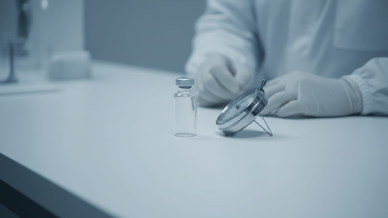 Illustration: An empty glass vial next to a steel timer on a white lab bench.