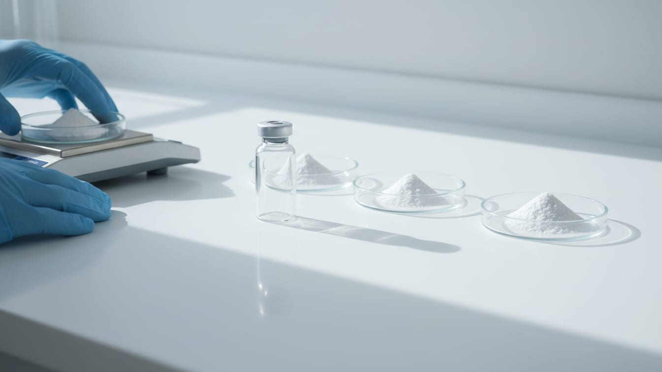 Illustration: An empty glass vial and three small glass dishes with white powder on a white lab bench.
