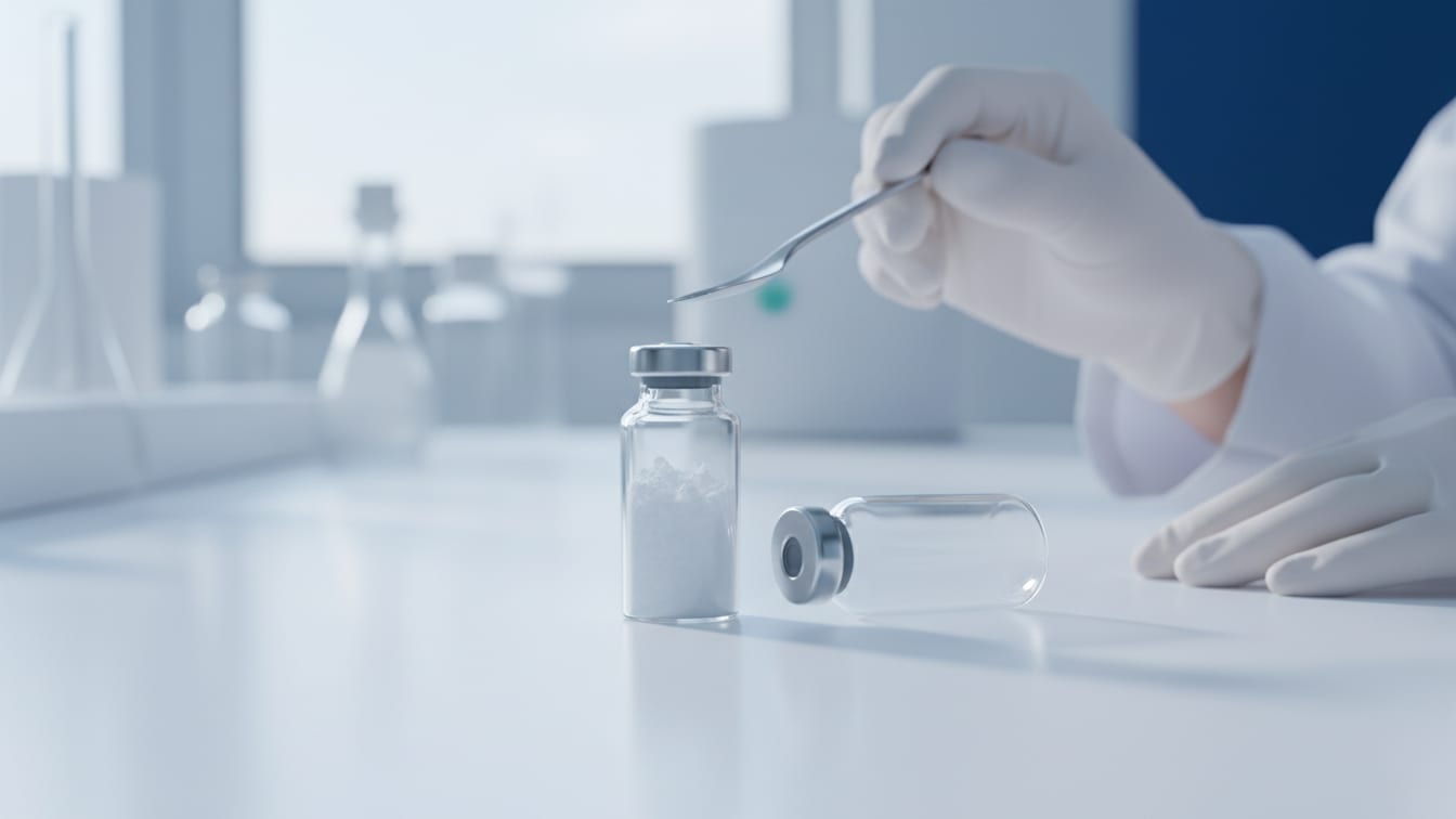 Illustration: Two clear glass vials, one containing white lyophilized powder and one empty, on a white surface.