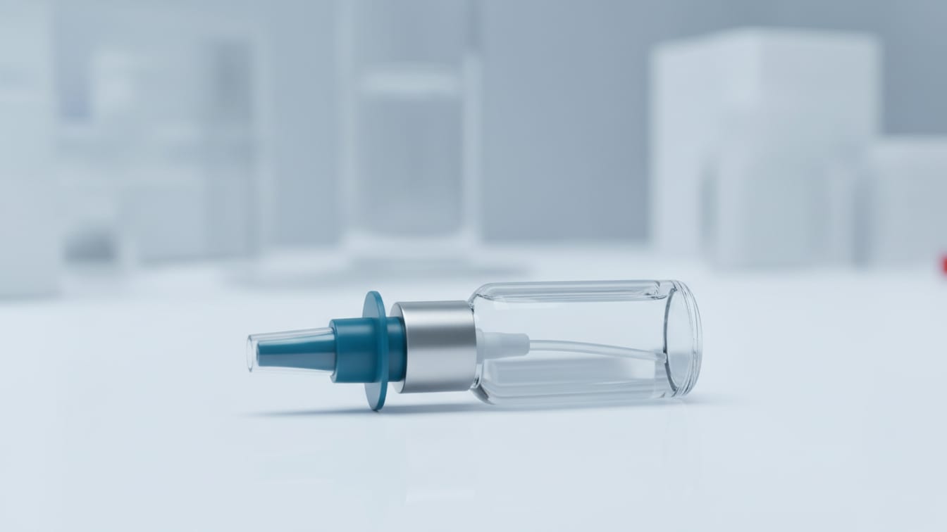 Illustration: A clear glass nasal spray bottle lying on a white surface with subtle shadows.