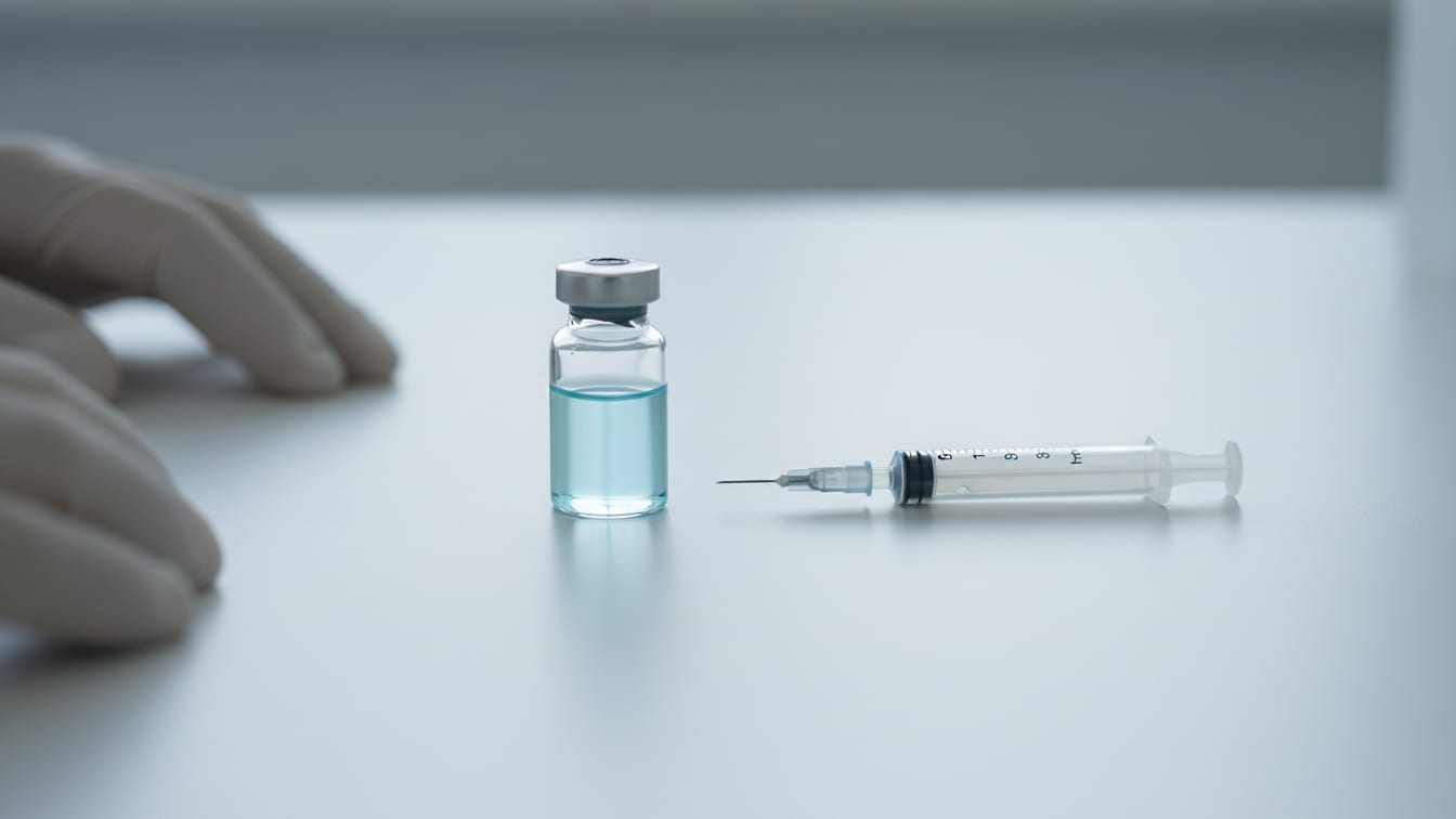 Illustration: A vial of pale blue liquid beside an insulin syringe on a white lab bench.