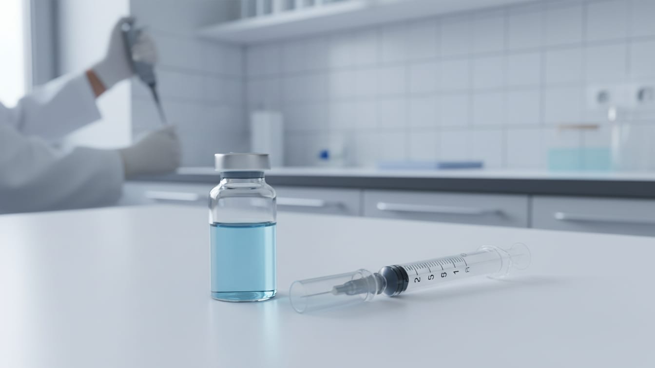Illustration: A vial of pale blue liquid beside an insulin syringe on a white lab bench.