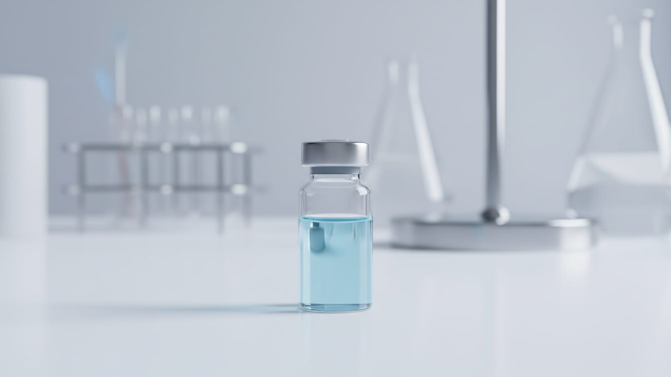 Illustration: A glass vial, one-quarter full of pale blue liquid, on a white lab bench.