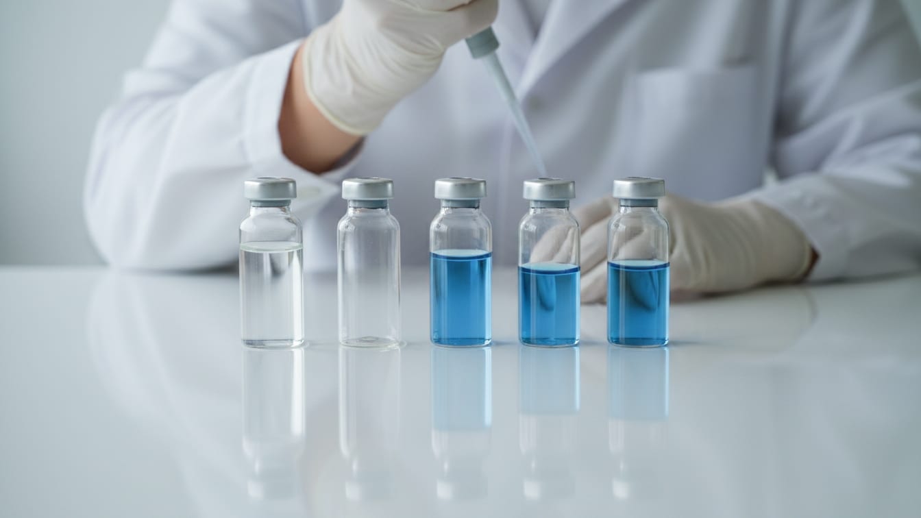 Illustration: Two identical rows of three clear glass vials each, precisely arranged on a white lab bench.