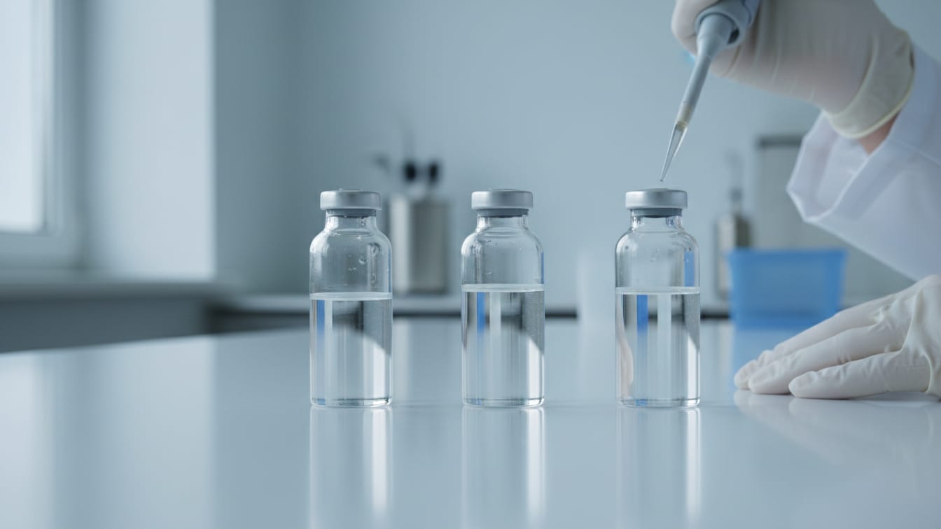 Illustration: Three clear glass vials, each with a different volume of clear liquid, on a white bench.