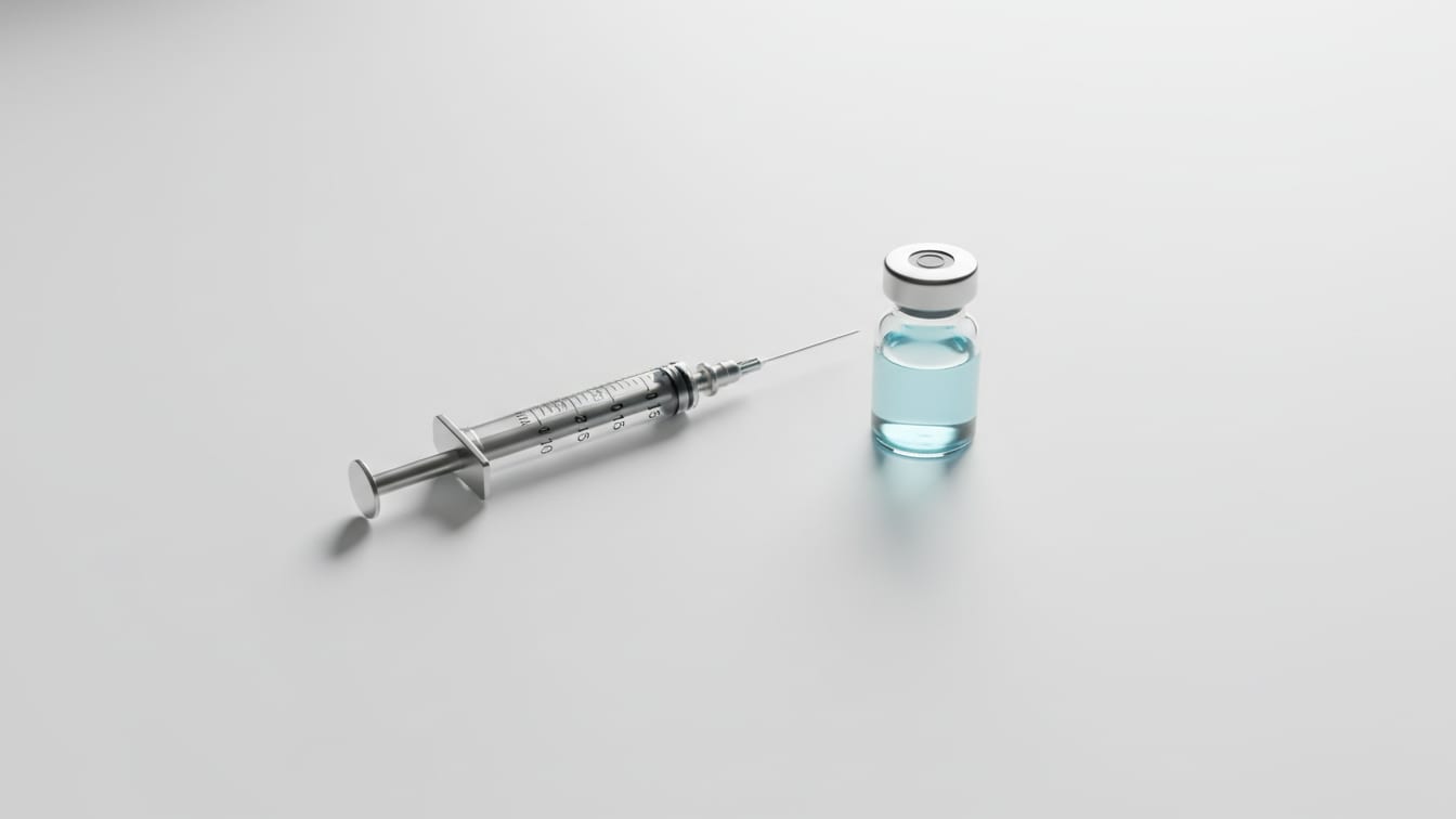 Illustration: An empty insulin syringe next to a small vial of pale blue liquid on a white surface.