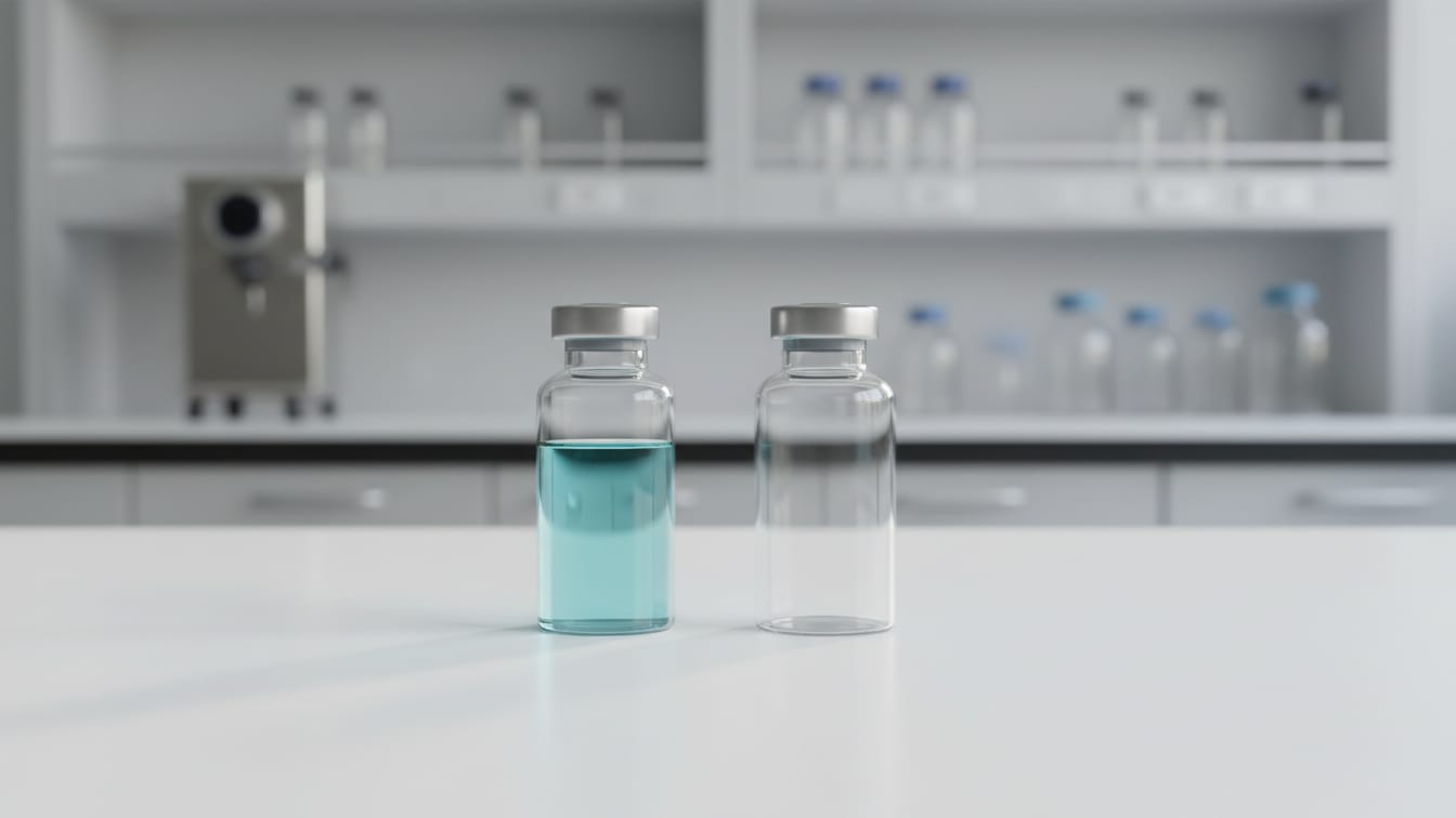Illustration: Two clear glass vials, one with pale blue liquid and one empty, on a white surface.