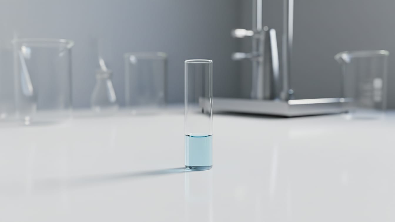 Illustration: A clear glass vial with a small amount of pale blue liquid on a white surface.