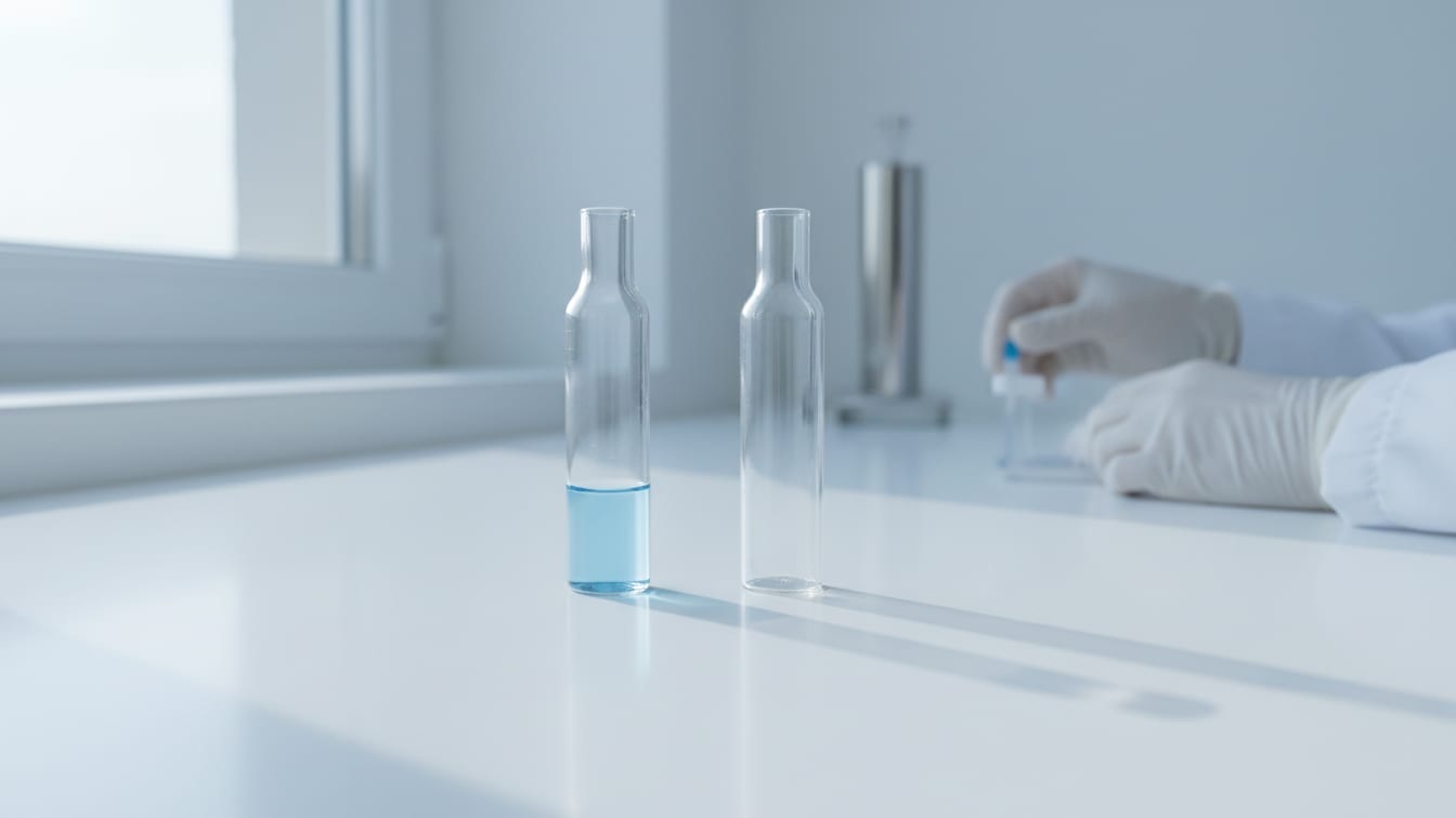 Illustration: Two clear glass vials on a white surface, one with pale blue liquid, one empty.
