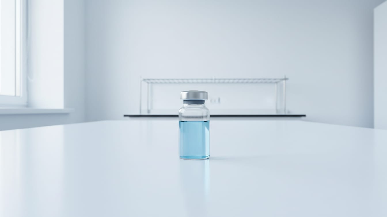 Illustration: A clear glass vial with pale blue liquid on a white surface, lit by soft natural light.