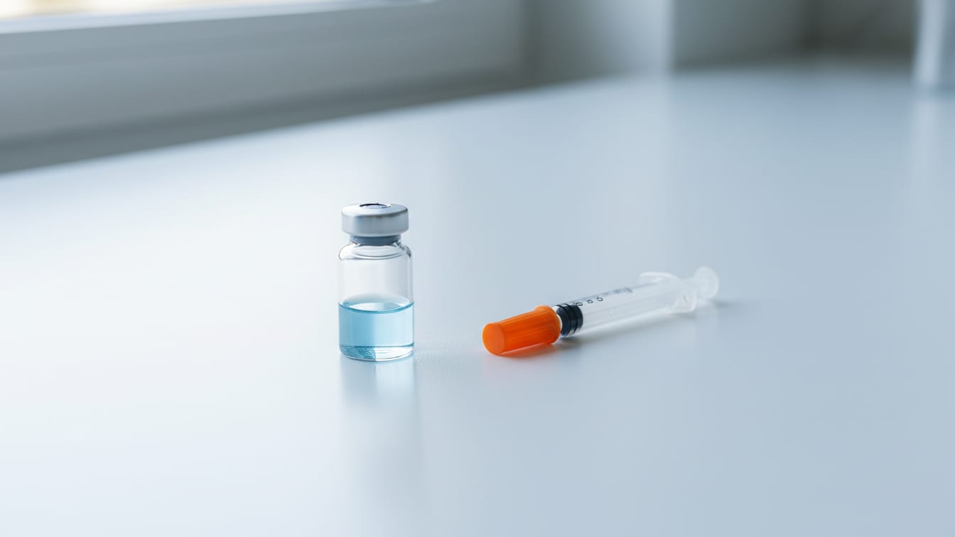 Illustration: A partially filled glass vial and an unused insulin syringe on a white lab bench.