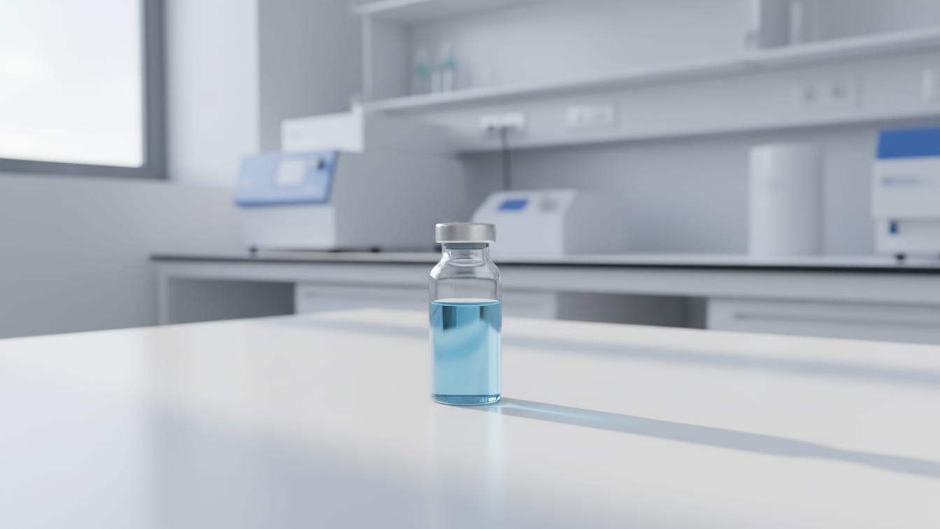 Illustration: A clear glass vial with pale blue liquid on a white bench, softly lit.