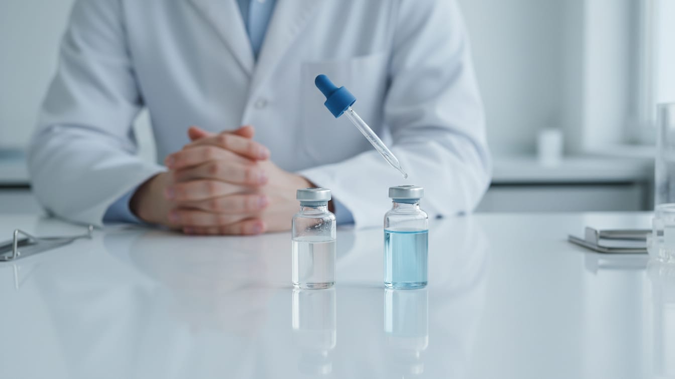 Illustration: Two clear glass vials, one with liquid, one empty, and a glass dropper on a white surface.