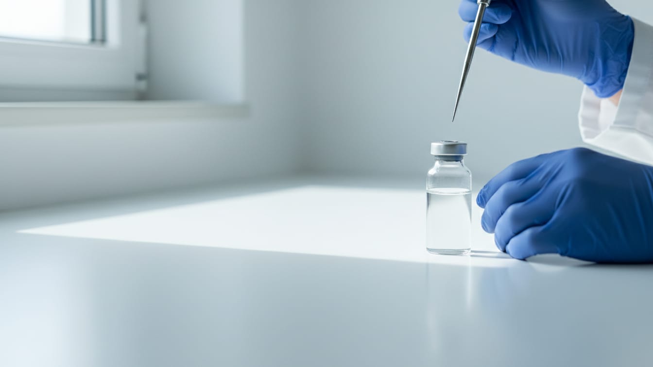 Illustration: A partially filled clear glass vial on a white lab bench, softly lit.