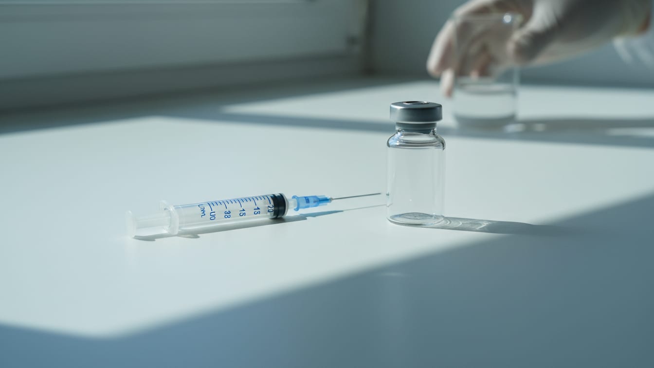 Illustration: A U-100 insulin syringe and an empty clear glass vial on a white surface, lit evenly.