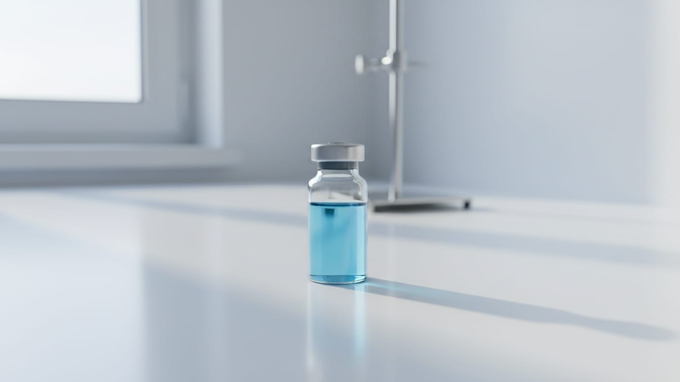 Illustration: A clear glass vial with a pale blue liquid on a white laboratory bench.