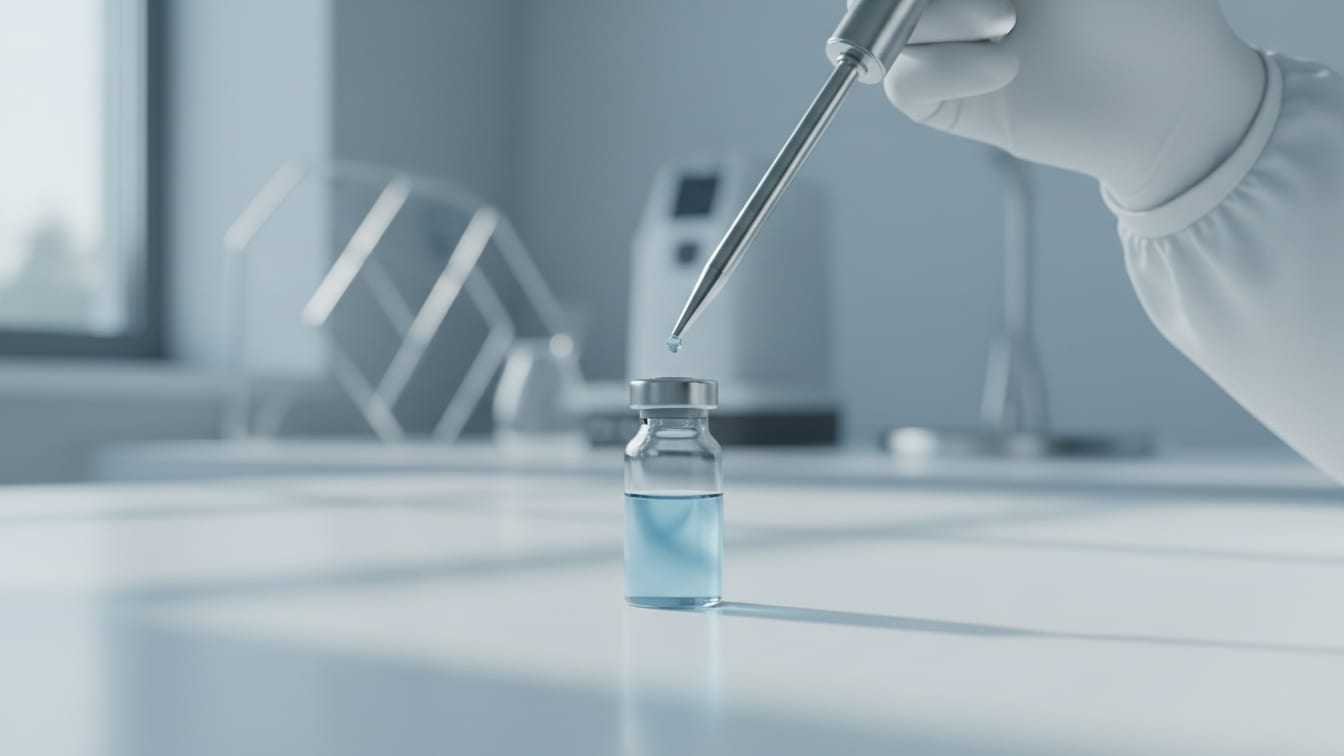 Illustration: A clear glass vial with pale blue liquid on a white surface, bathed in soft light.