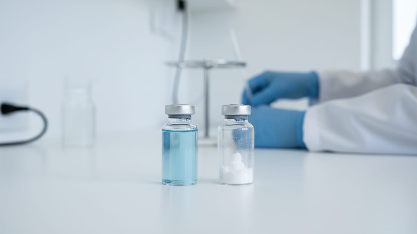 Illustration: Two clear glass vials, one with pale blue liquid and one with white powder, on a white lab bench.