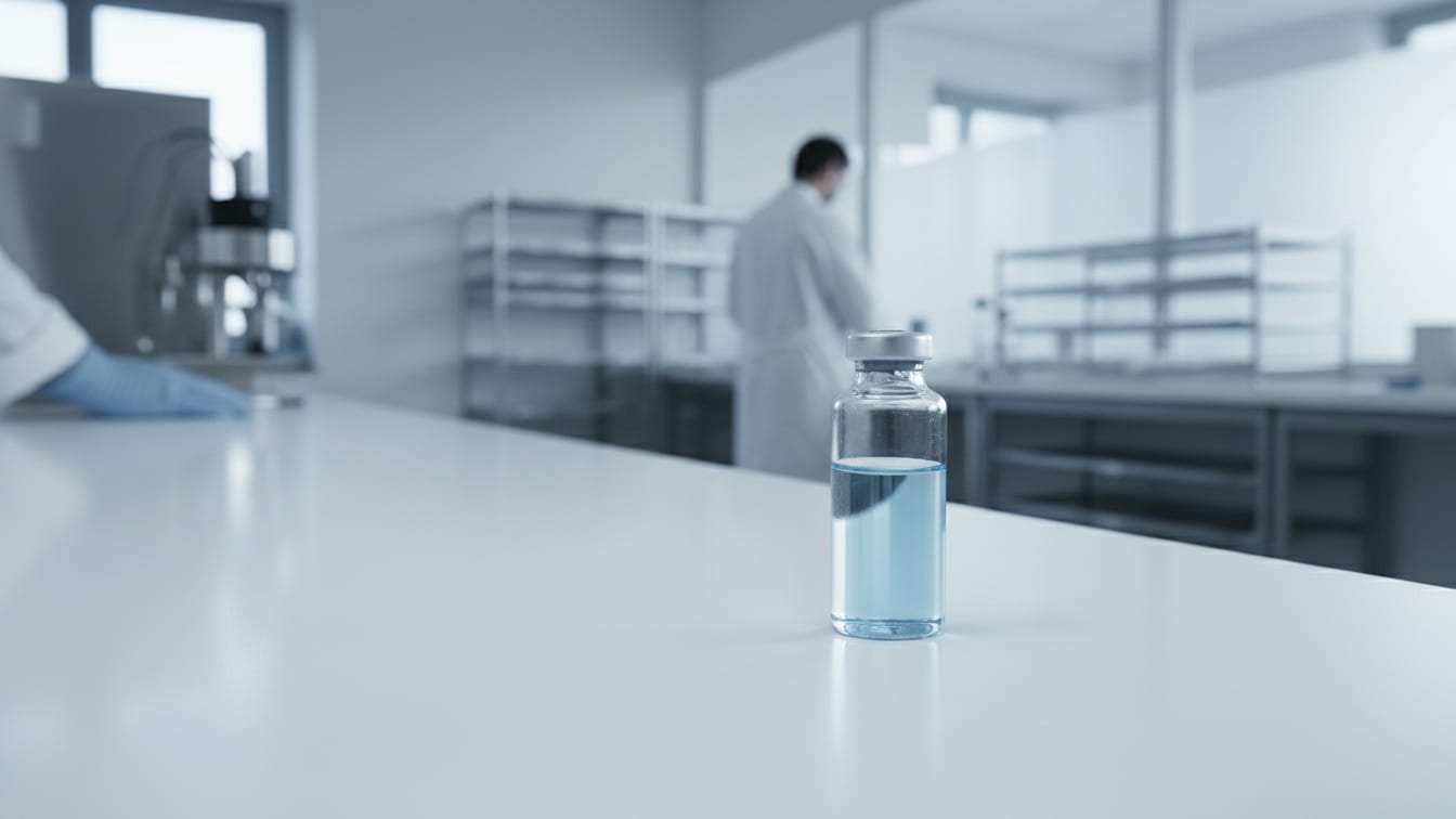 Illustration: A clear glass vial with pale blue liquid on a white lab bench, clean and precise.