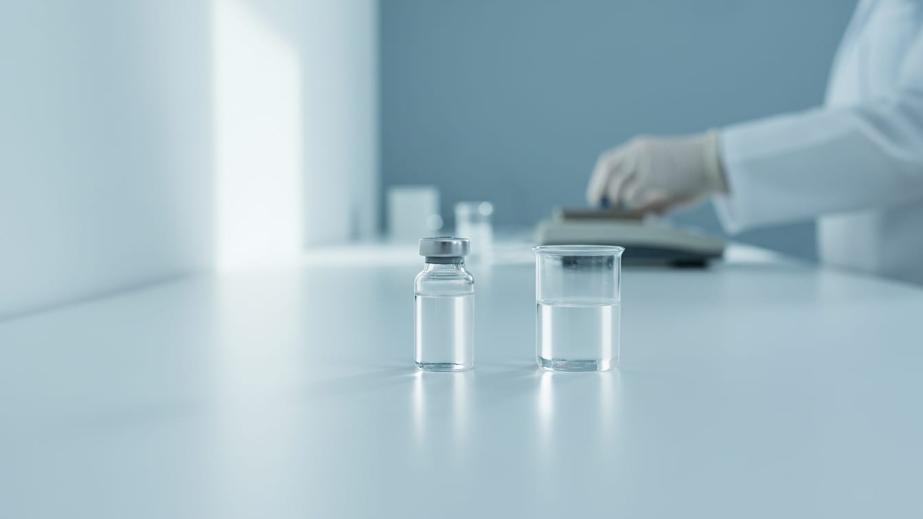 Illustration: A clear glass vial of water next to a small glass beaker of clear liquid on a white bench.