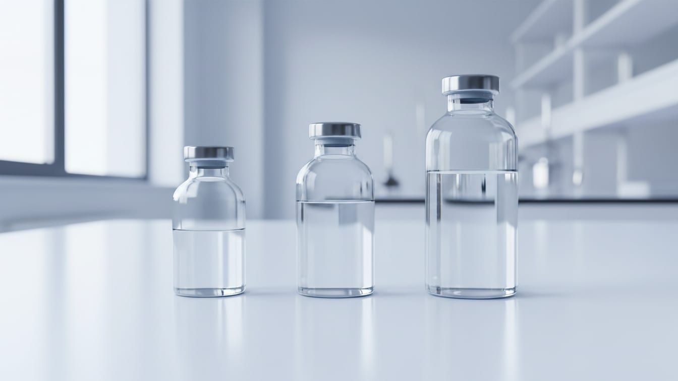 Illustration: Three clear glass vials with varying liquid levels on a white lab bench, precisely arranged.