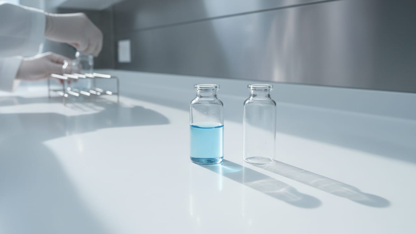 Illustration: A half-filled clear glass vial and an empty clear glass vial on a white lab bench.