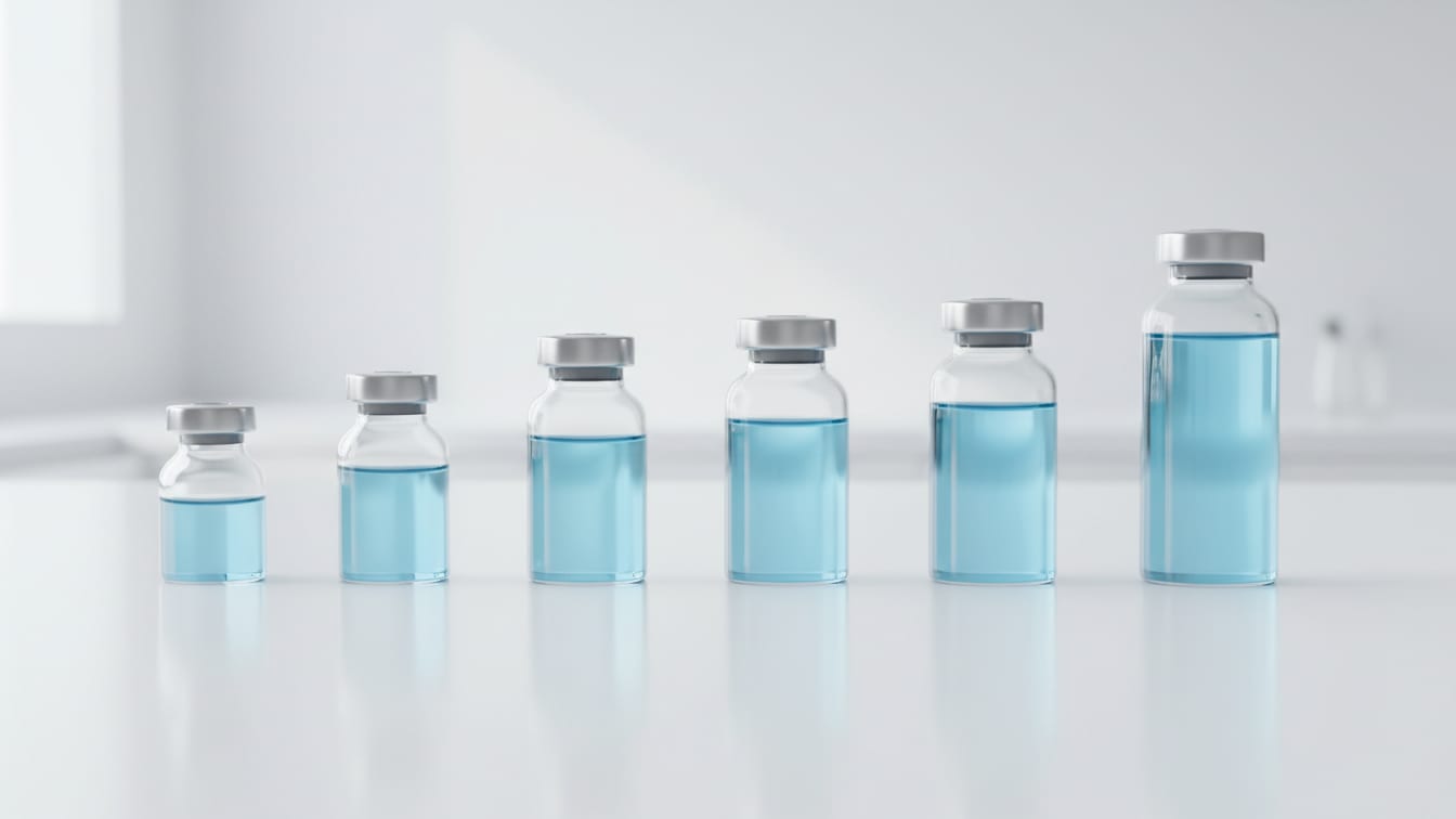 Illustration: Five clear glass vials with increasing volumes of pale blue liquid on a white surface.