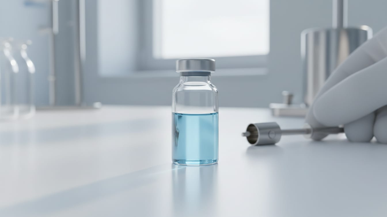 Illustration: A clear glass vial with pale blue liquid on a white surface, softly lit.