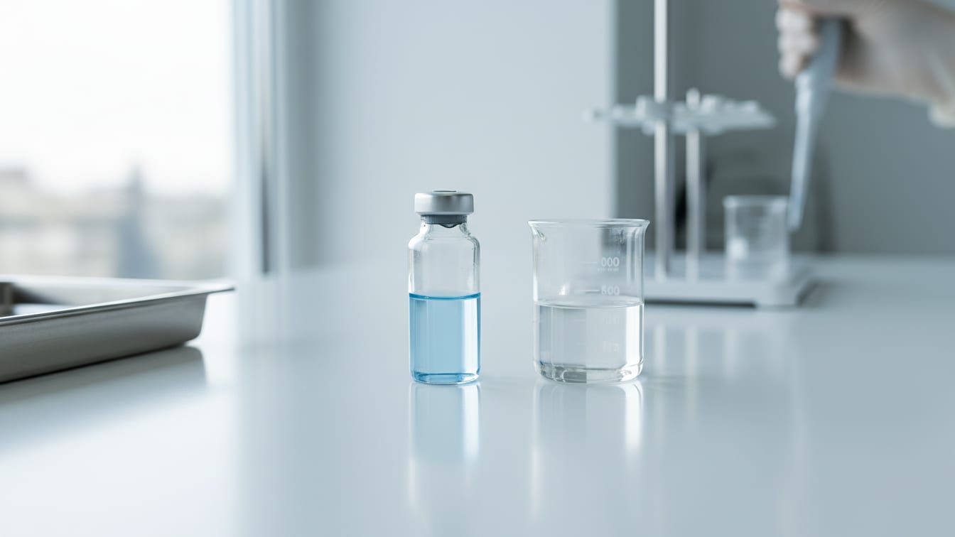 Illustration: A partially filled glass vial next to a small beaker of water on a white bench.