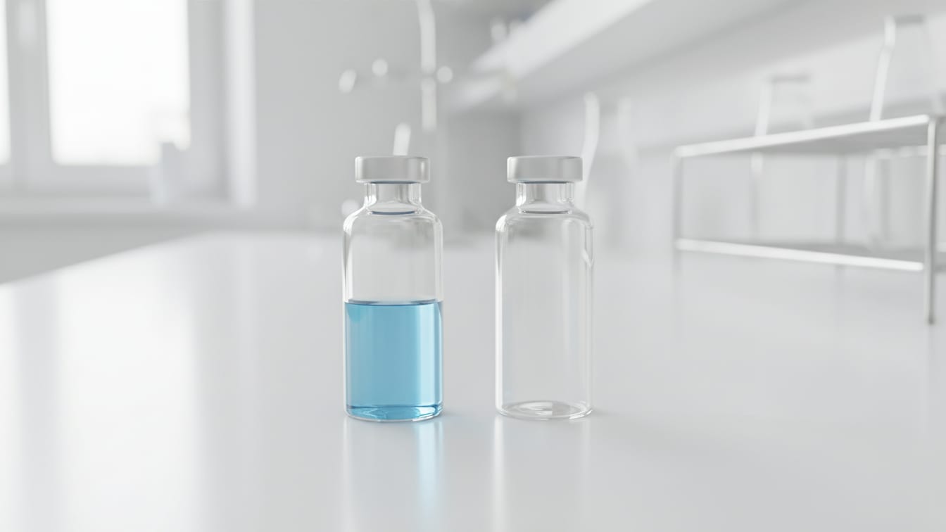 Illustration: Two clear glass vials, one with a pale blue liquid, one empty, on a white lab bench.