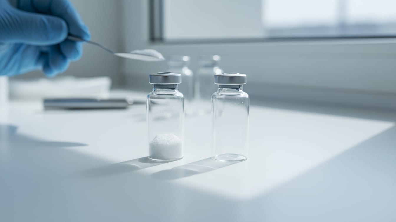 Illustration: Two clear glass vials, one with lyophilized powder, the other empty, on a white lab bench.
